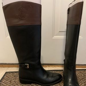 LAUREN RALPH LAUREN MADISEN WOMEN'S BLACK BROWN TALL RIDING BOOTS LOGO